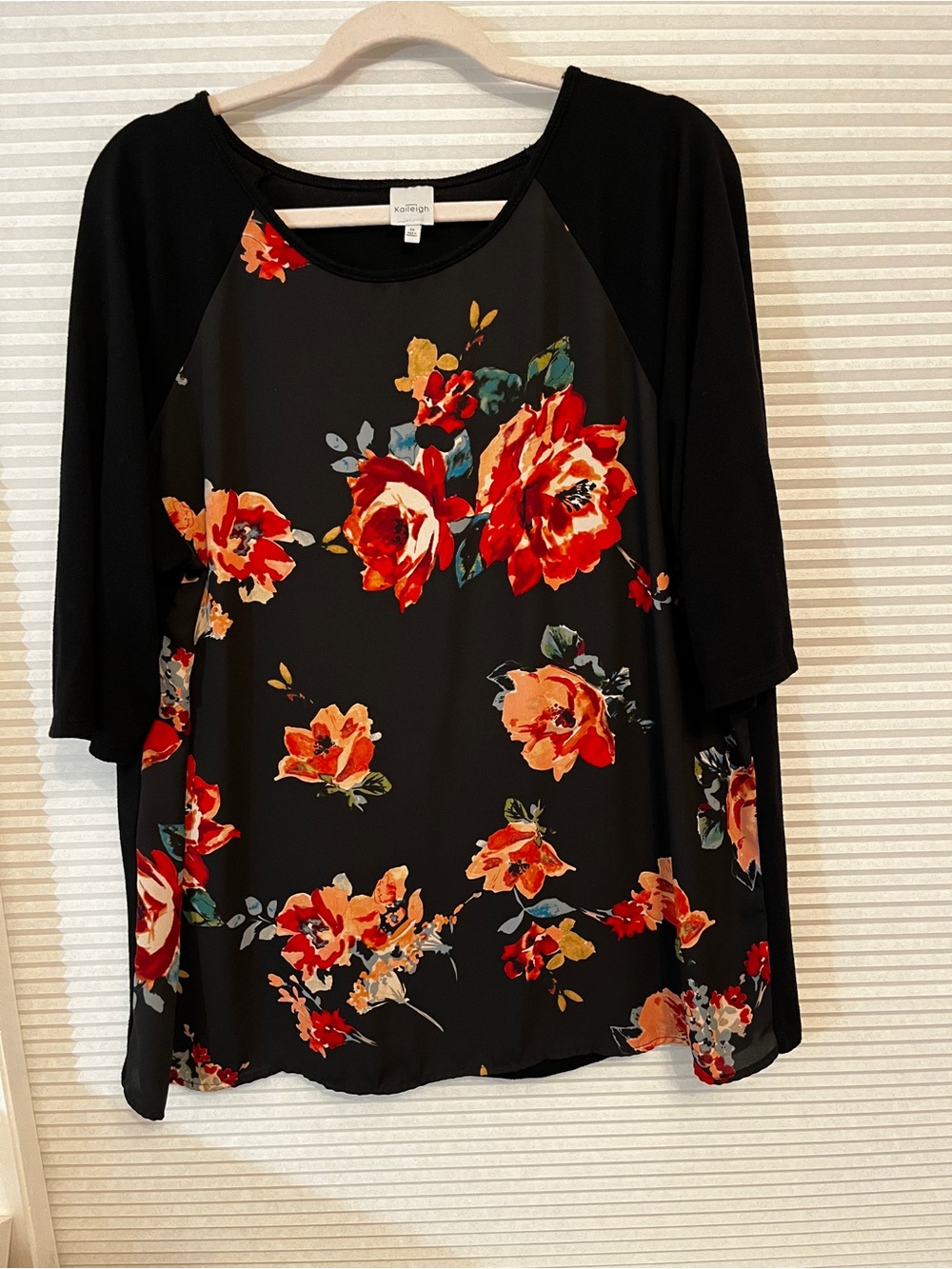 Kaileigh Black Floral Raglan Tunic with Red and Orange Blooms